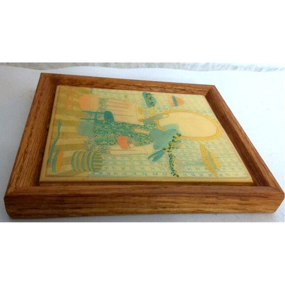 Vintage Susan Gantner Art Hippopotamus Hats Tile Trivet Plaque Framed - Picture 4 of 6